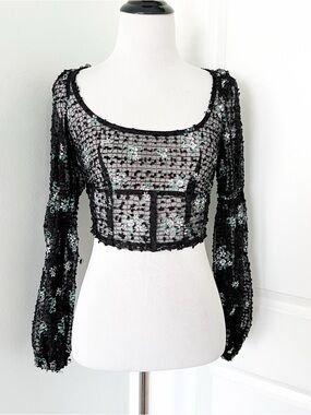 Topshop Black Sheer Sequin Floral Long-Sleeve Crop Top - Size 2